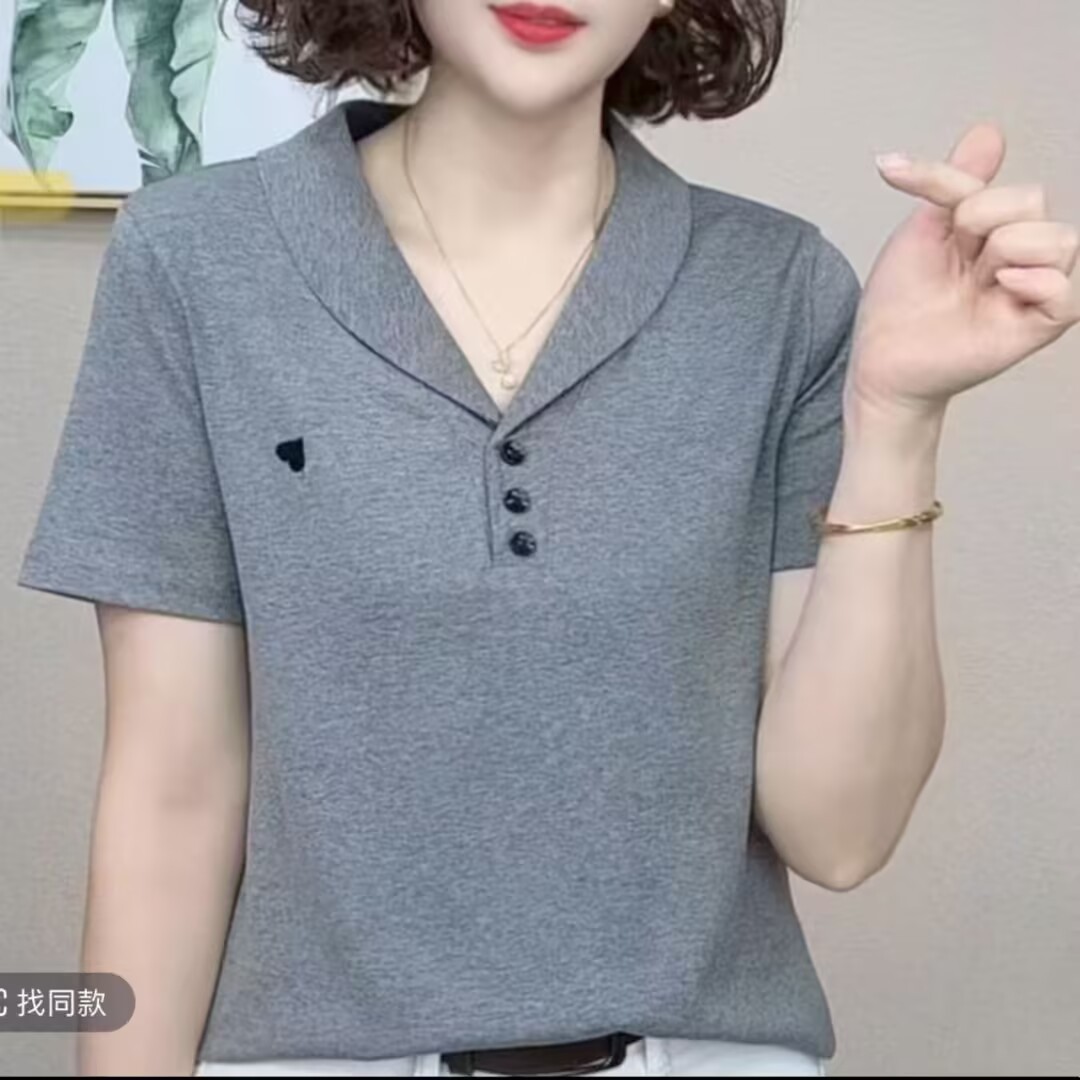 2025년 신상 여름 솔리드 컬러 라펠 칼라 반팔 티셔츠, 패셔너블하고 다재다능하며 슬림하고 나이를 줄여주는 중년 엄마복