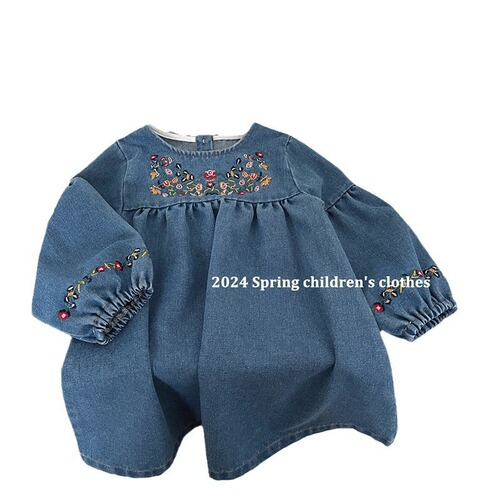 Children's Spring Clothing Kids' New 2024 Girls' Soft Denim Embroidered Dress Long Sleeve Skirt Korean Version Stylish and Versatile