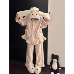 可爱趣味卡通兔子珊瑚绒睡衣秋冬新款加绒加厚保暖家居服大码套装