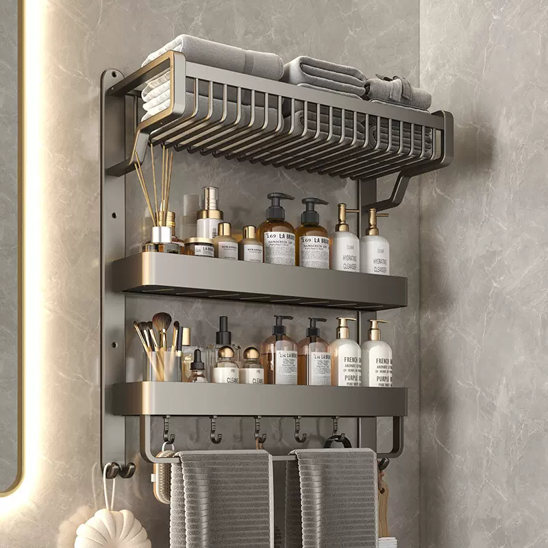 卫生间置物架浴室厕所网篮毛巾架子洗澡间浴巾架三层太空铝毛巾杆