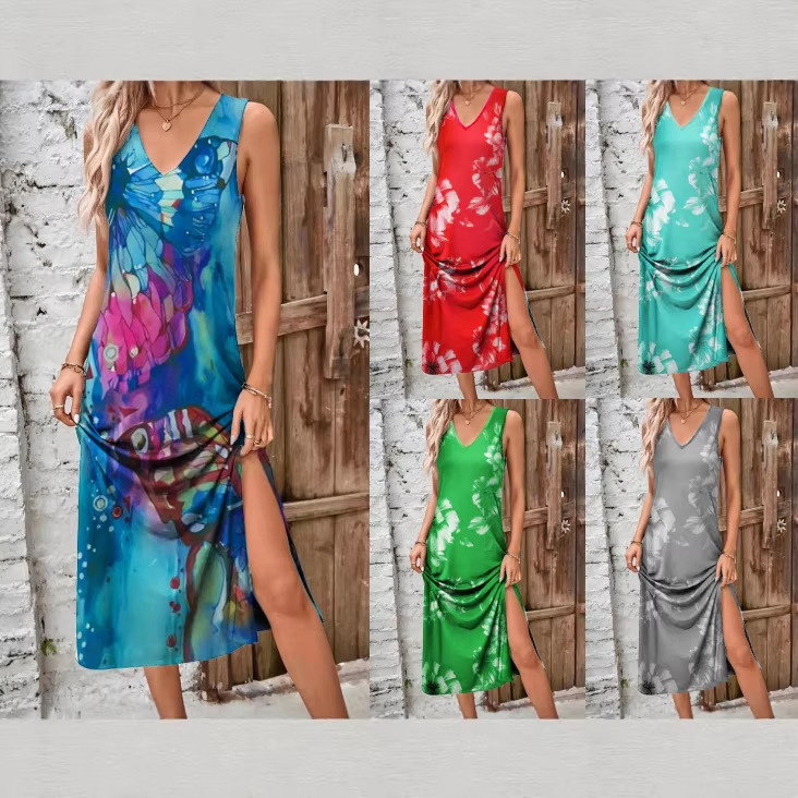Summer European and American Style Refreshing Printed V-Neck Slit Sexy Knit Loose Straight Dress Long Women's Dress