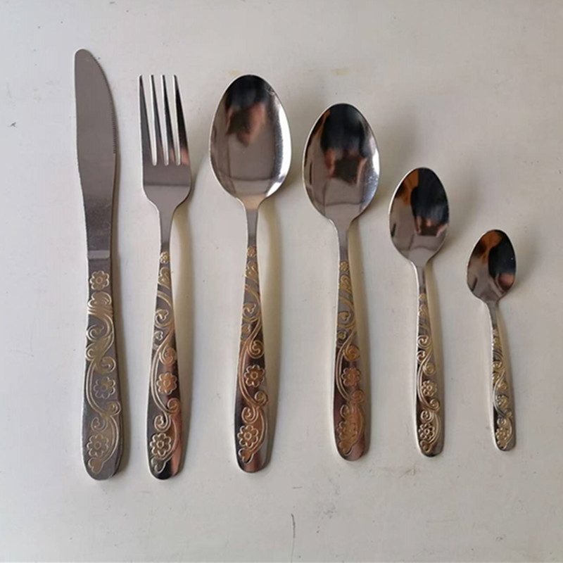 Home Restaurant Stainless Steel Round Tail Pointed Round Spoon Table Knife Fork Creative Lace Gold-Plated Knife Fork Spoon Wholesale Home Restaurant Stainless Steel Round Tail Pointed Round Spoon Table Knife Fork Creative Lace Gold-Plated Knife Fork Spoon Wholesale