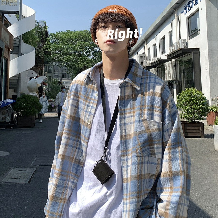 Camisa a cuadros de lana de alta gama para hombre Vintage suelto de manga larga ins Camisa de herramientas de marca de moda de alta gama