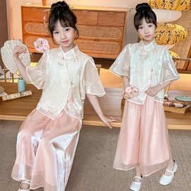 2024夏季新款女童套装夏装中国风洋气儿童新中式汉服旗袍网纱裙裤