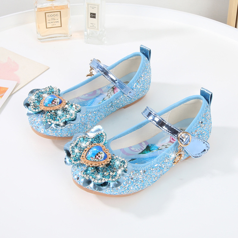 Frozen Girls' Princess Shoes 2026 New Style Sequin Bow Elsa Princess Shoes Buckle Flat Shoes Trendy