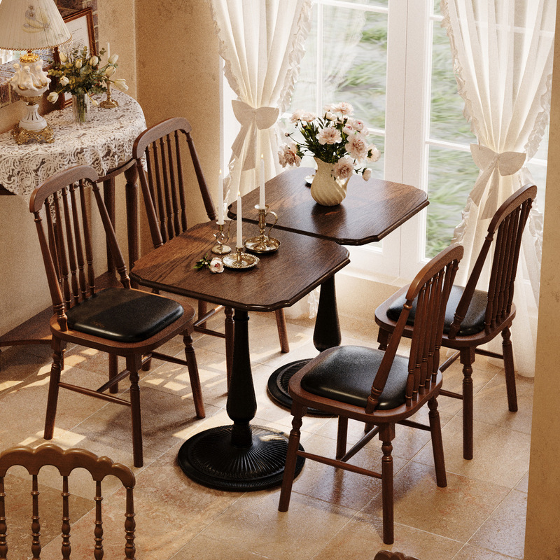 American retro-style western restaurant dining table and chair set, commercial tables and chairs for dessert and cake shops, solid wood tables and chairs for coffee shops American retro-style western restaurant dining table and chair set, commercial tables and chairs for dessert and cake shops, solid wood tables and chairs for coffee shops