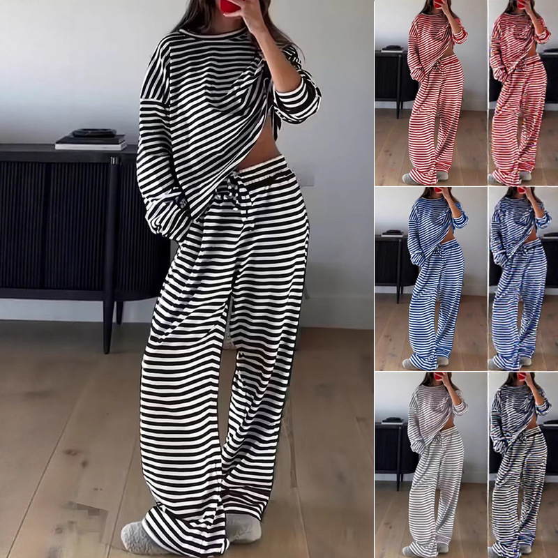 Amazon European and American Women's Fashion Hot-Selling 2026 Autumn Striped Long-Sleeve Top High-Waisted Long Pants Women's Fashion Casual Set