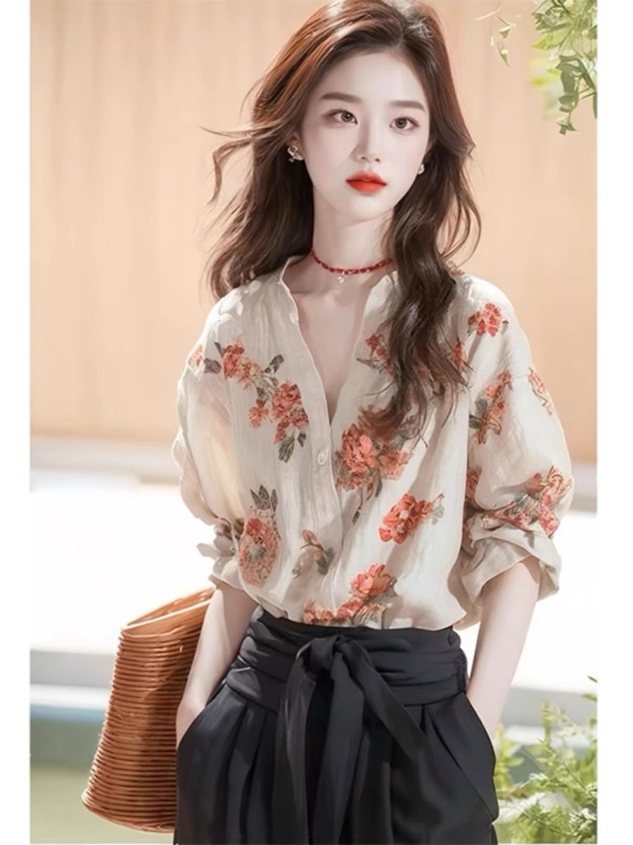Áo sơ mi nữ dài tay họa tiết hoa nhí đi làm — Màu ảnh