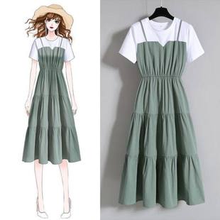 2025 Summer Plus Size Women's Fashion Suspender Fake Two-Piece Long Skirt Fat Girl Waist French Short Sleeve Dress Women