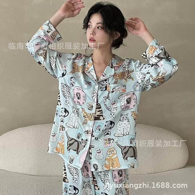 秋季露丝猫仙女风睡衣女 翻领长袖长裤睡衣冰丝薄款女士家居服
