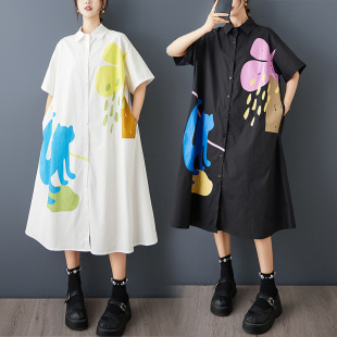 Real Shot of Summer New Loose Large Size Printed Splicing Casual Simple Commuting Sweet Short-Sleeved Dress