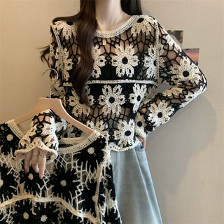 实拍实价～大码早秋镂空勾花拼色花朵长袖针织衫女宽松显瘦罩衫