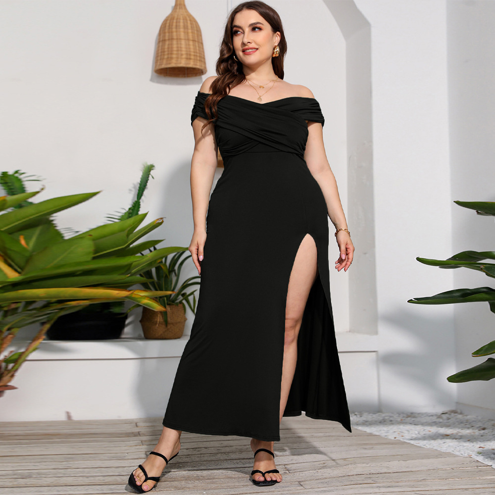 Plus Size Long One-Shoulder Slit Solid Color Dress NSJR116957