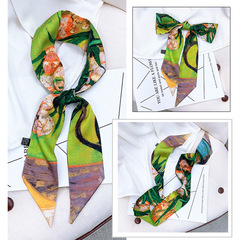 Elegant Van Gogh oil painting silk scarf tie-and-bag ribbon hair tie for spring and summer, small long strip flowing ribbon, retro French-style scarf