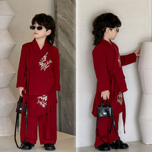 童装西装套装2025春秋新款儿童小西服竹叶绣花男童礼服红色汉服