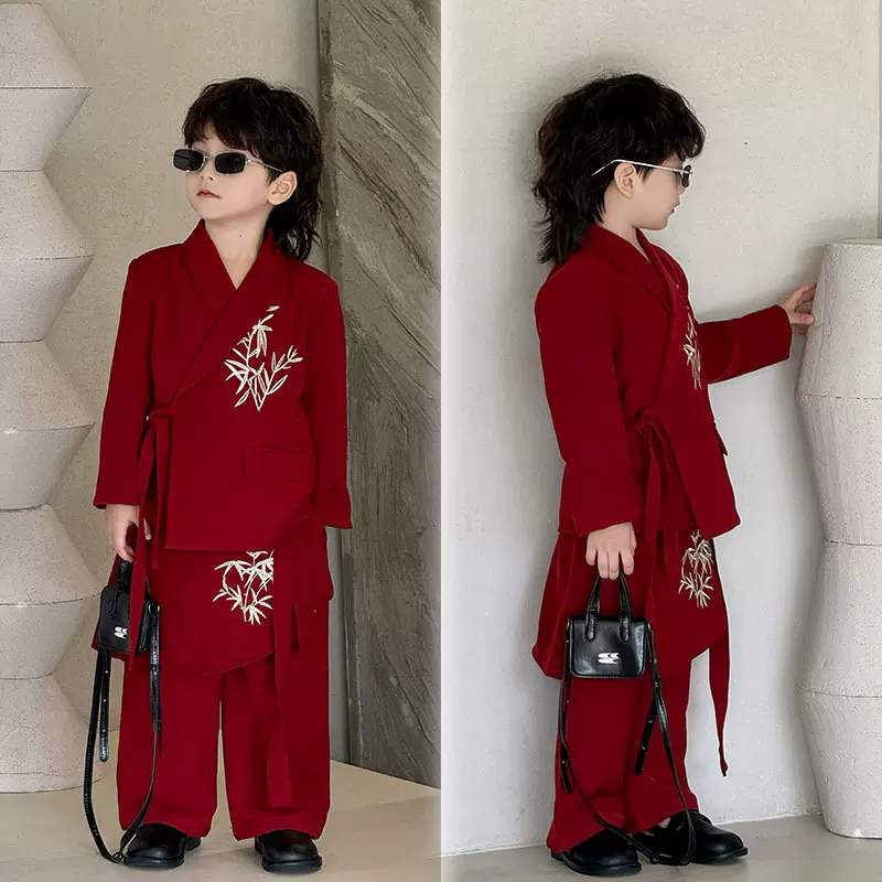 童装西装套装2025春秋新款儿童小西服竹叶绣花男童礼服红色汉服