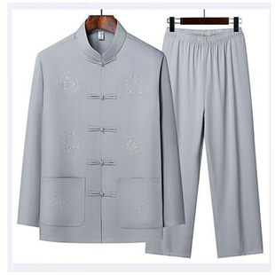 Summer Ice Silk Cotton and Linen Tang Suit for Middle-Aged and Elderly Men, Long-Sleeved Chinese Style Casual Suit for Dad and the Elderly, Breathable Summer Suit