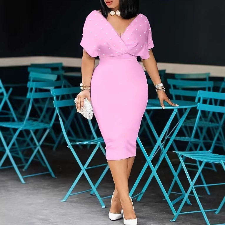2026 Summer New Cross-Border European and American Fashion Sexy and Elegant Rhinestone Embellished Strapless V-Neck Short-Sleeve Bodycon Dress 2026 Summer New Cross-Border European and American Fashion Sexy and Elegant Rhinestone Embellished Strapless V-Neck Short-Sleeve Bodycon Dress