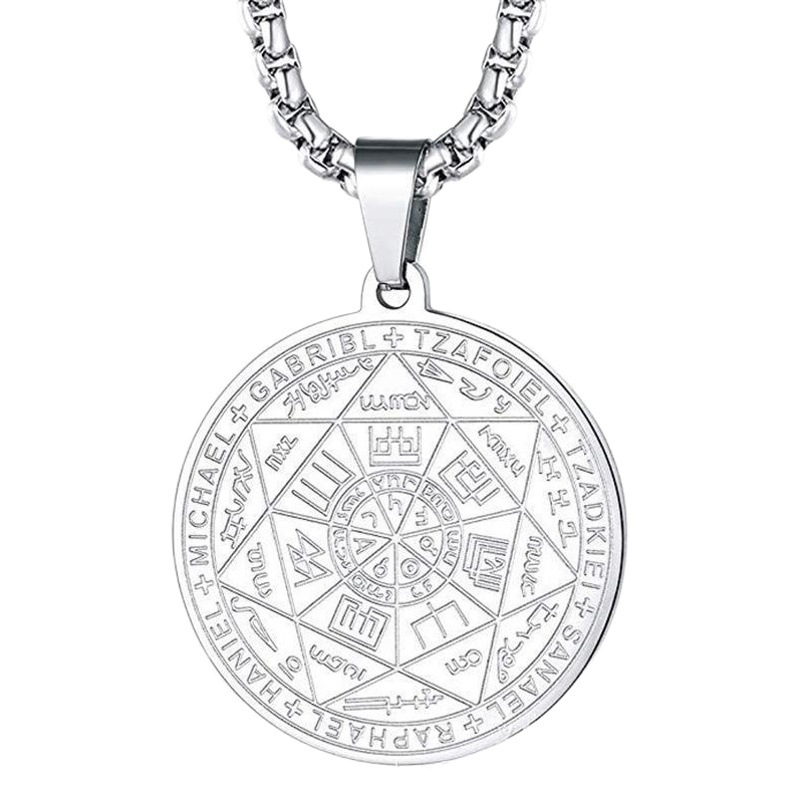 Escrituras religiosas europeas y americanas Siete ángeles Sellos Colgante de runas Collar de marca redonda de acero inoxidable