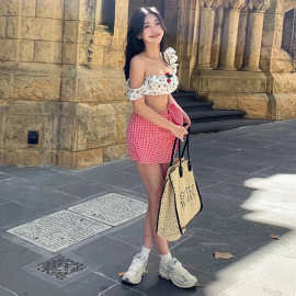 泳衣女分体纯欲樱桃印花裙式比基尼小胸聚拢性感温泉度假风游泳装
