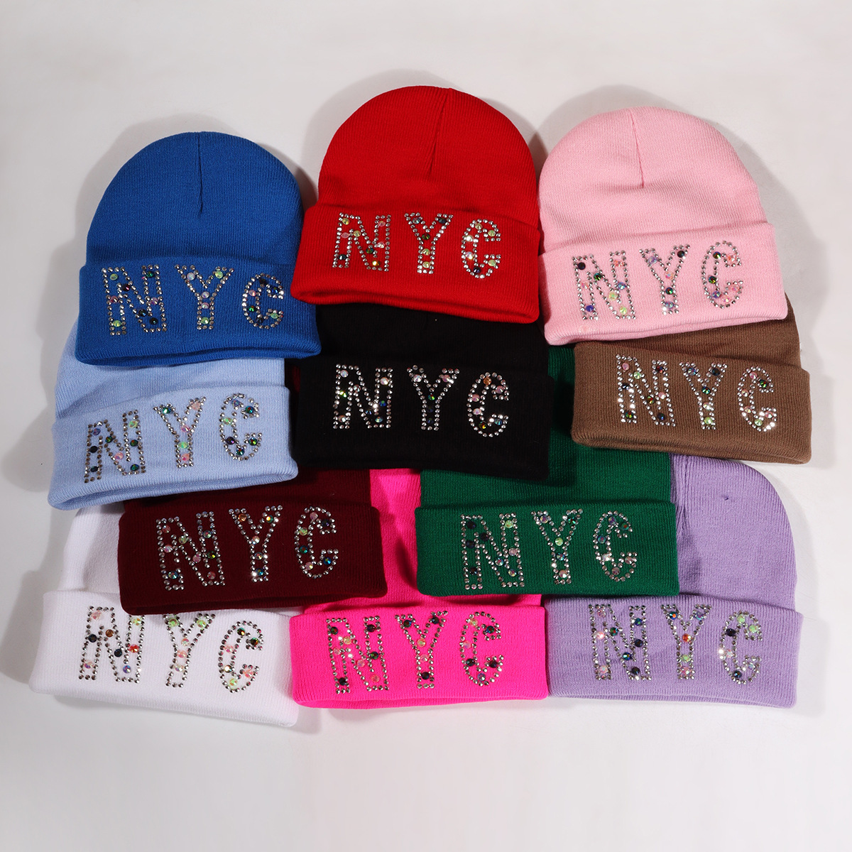 Cappello unisex con lettera NYC, cappello lavorato a maglia con strass, cappello lavorato a maglia per feste_voghion.com