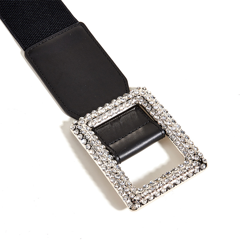 Ceinture large à boucle carrée pour manteau décoratif, insert élastique à la taille, ceinture élastique à strass pour femme, noir_voghion.com
