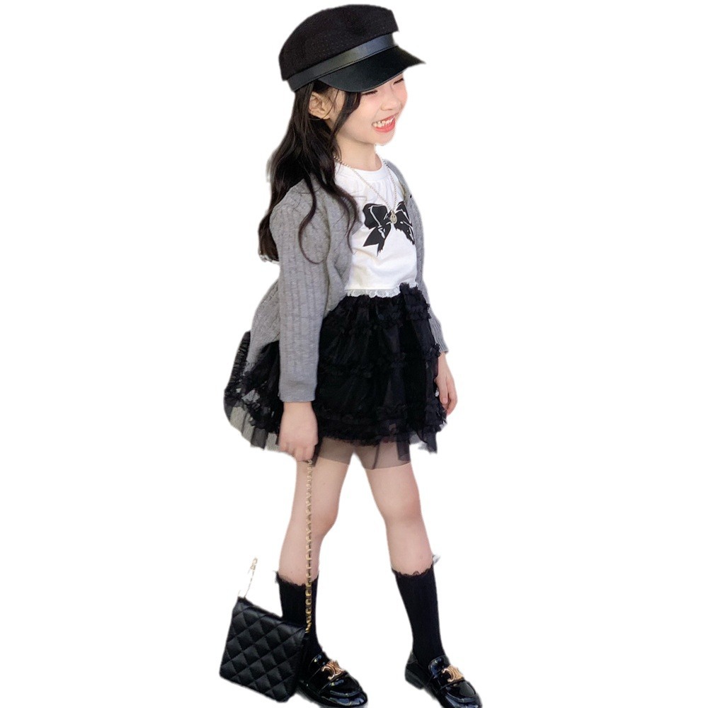 (2개) 가을 2024 새로운 소녀 서양식 니트 카디건 활 긴팔 티셔츠 플레어 바지 3 피스 세트