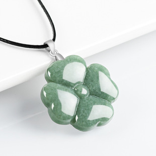 Natural a goods jade bean green four-leaf clover pendant S925 silver buckle head jade women's fashion pendant jade wholesale