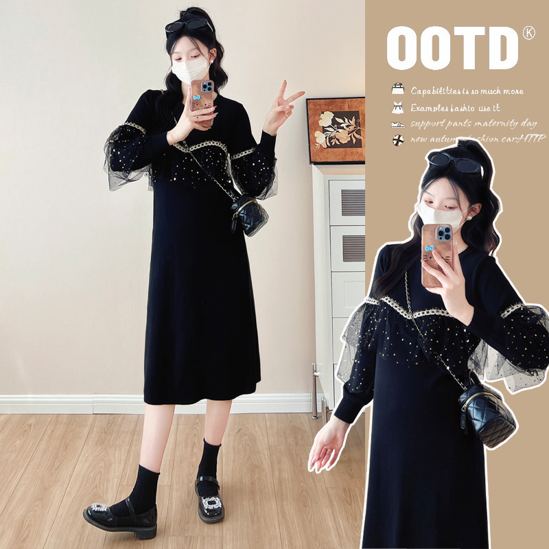 New Pregnant Women's Knitted Cardigan Slimming Lace Stitching Sweet Age-reducing Fashion Trendy Mom dress