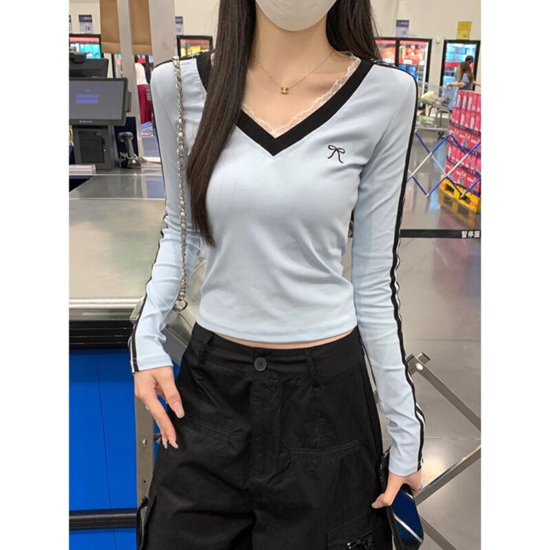 Lace Bow Blue Right Shoulder V-Neck Stripesd Long-Sleeved T-Shirt Women's Early Autum Chic New Slim Short Top