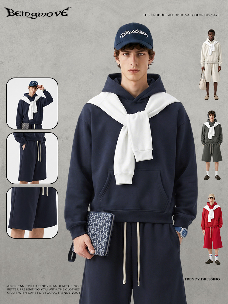 Calle seca nueva marca de moda americana pesada con chaqueta encapuchada de lana suelta pantalones cortos de color sólido set casual de otoño
