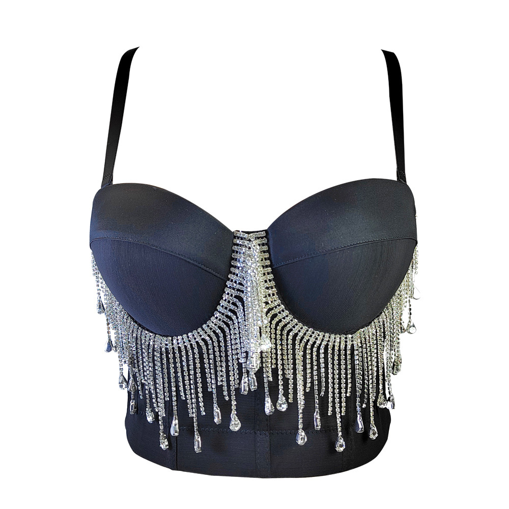 European and American cross-border Amazon fishbone bra, rhinestone tassel sexy top, fashionable rock style tight-fitting bralette.