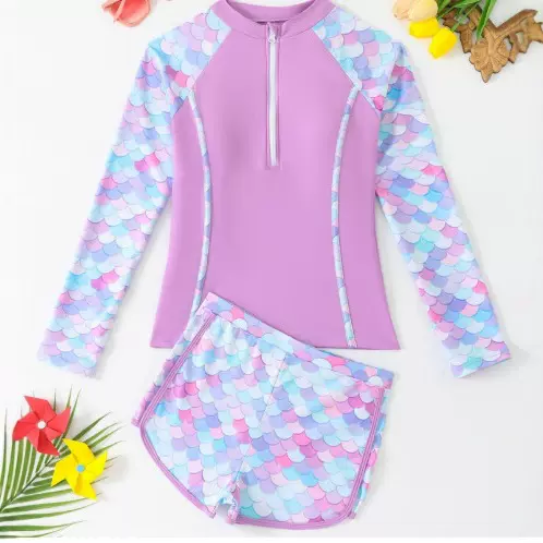 亚马逊跨境儿童泳衣长袖防晒拉链鱼鳞泳衣分体女童大童外贸游泳衣