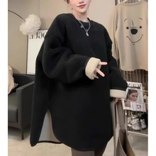 跨境外贸2025秋冬慵懒风加绒加厚羊羔绒圆领中长款卫衣外套女日系