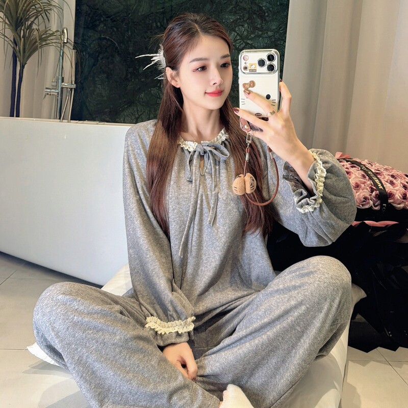 Korean Style Fashionable Loose Sweet Pajamas for Women, Long-Sleeved Long Pants, Towel Cotton, Relaxed Fit Pullover, Spring and Autumn Loungewear for Women