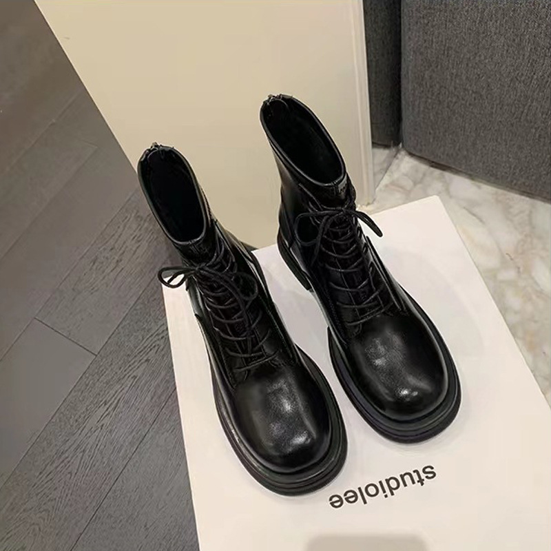 Uva mamá punta redonda Otoño e Invierno Nuevo estilo coreano adelgazante tacón grueso botas cortas aumento de la altura de las mujeres con cordones Martin botas cortas