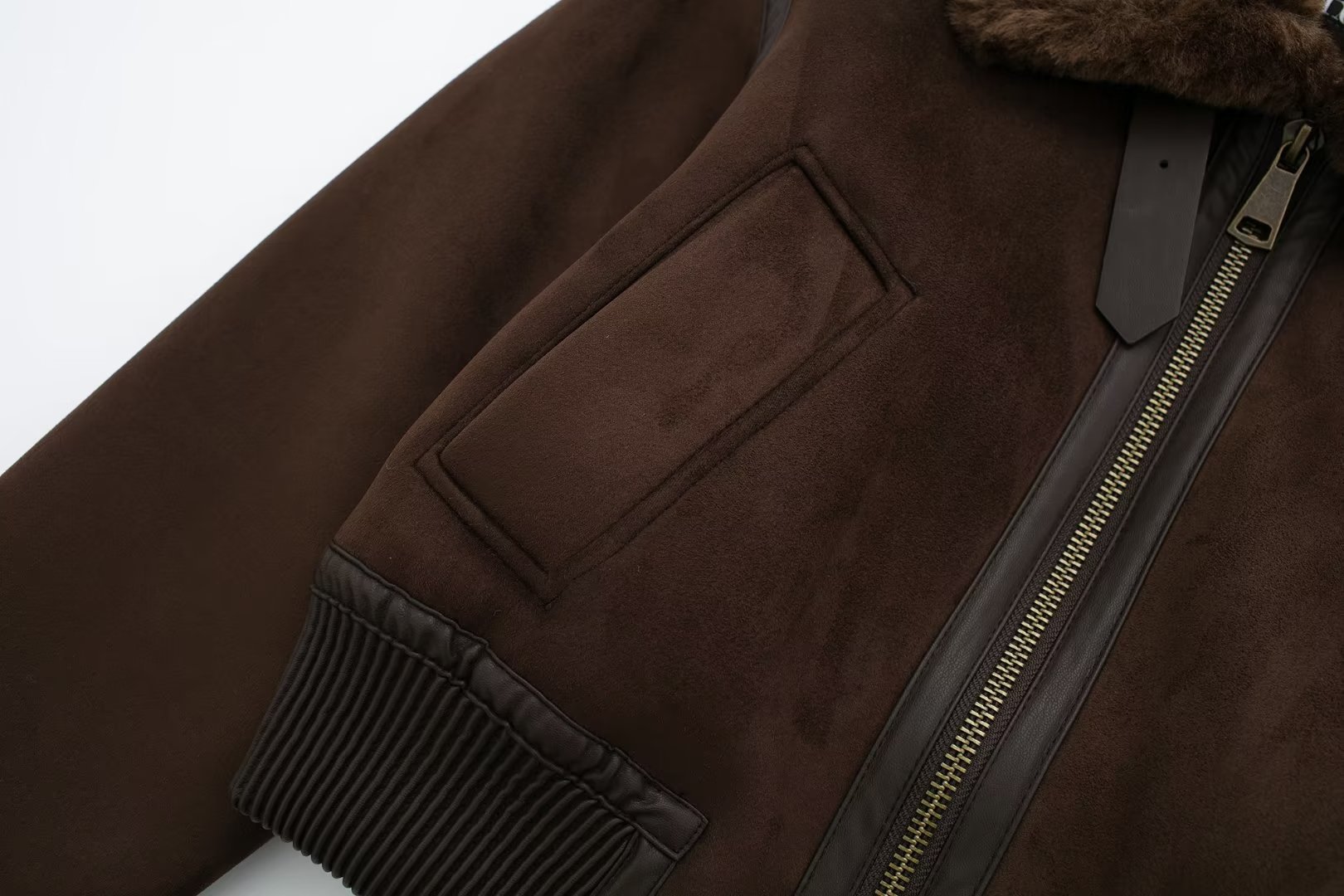 Vêtements pour femmes veste chaude en fourrure marron une pièce pour femmes 2023 automne et hiver fille chaude style moto veste à revers haut_voghion.com