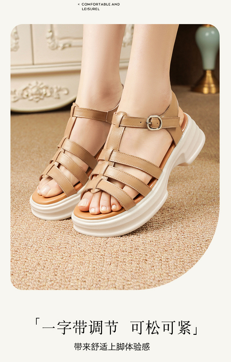 Sandal La Mã nữ da thật đế dày gót vuông quai ngang — Màu đen chi tiết 16