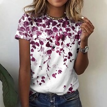 亚马逊跨境欧美热销3D印花  花卉主题 宽松舒适基础圆领短袖T恤女