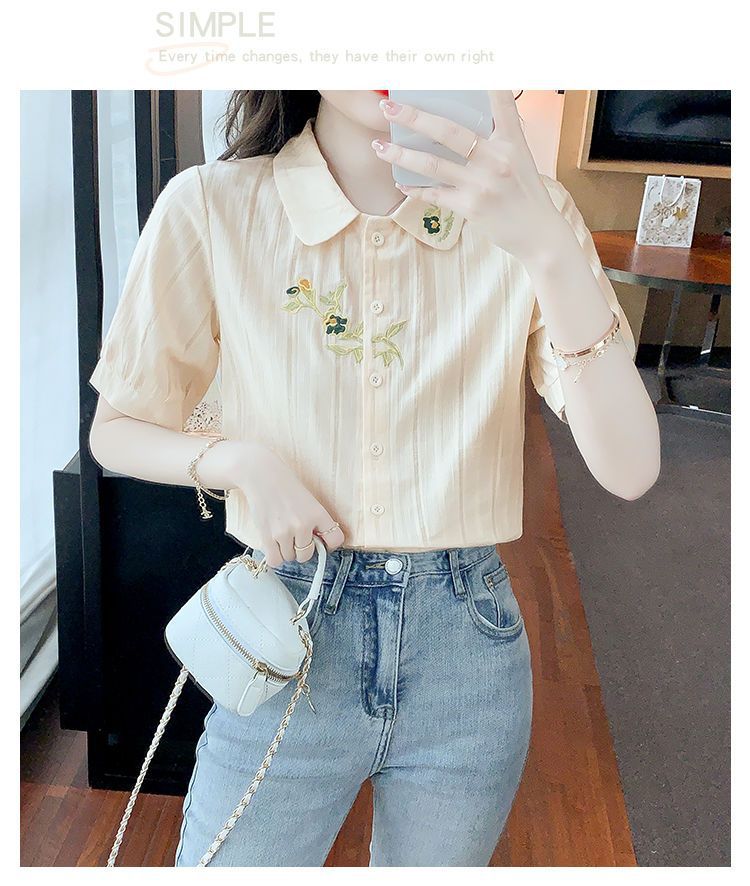 夏装2024年新款时尚纯棉衬衣女洋气全棉短袖气质女士衬衫刺绣上衣详情35
