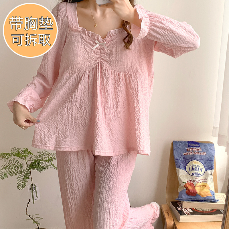 Sweet girl pink pijamas mujer tejido crepe v-cuello de algodón más tamaño de manga larga otoño e invierno ropa para el hogar con el pecho pad traje