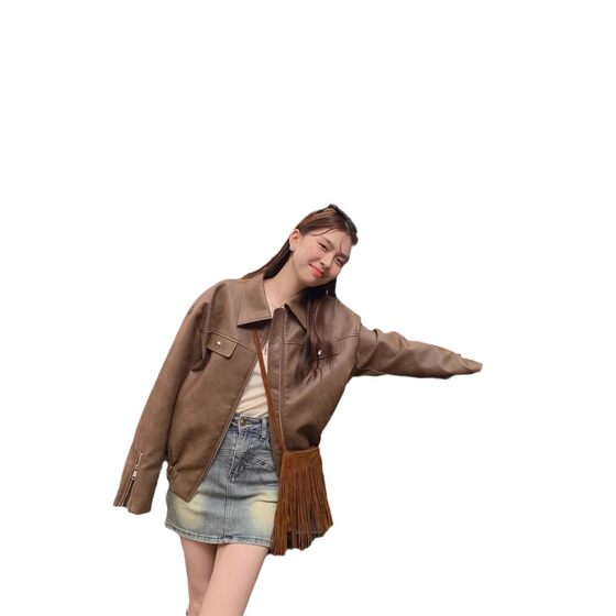 Maillard Leather Coat Women's Early Autumn College Style Brown Leather American Style Ruffian Handsome Leather Jacket 2024 New High-end