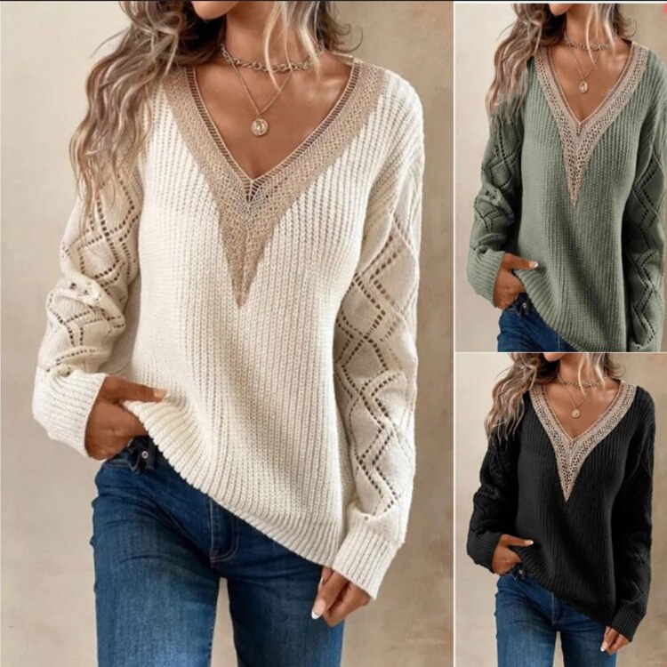 Cross-border foreign trade European and American spring and autumn Amazon V-neck sweater 2023 New loose casual pullover women's sweater