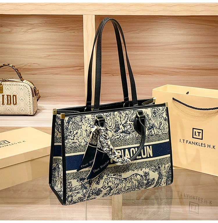 Túi tote nữ thêu họa tiết thời trang, sức chứa lớn, phong cách công sở — Màu xanh lam, Màu xám chi tiết 5
