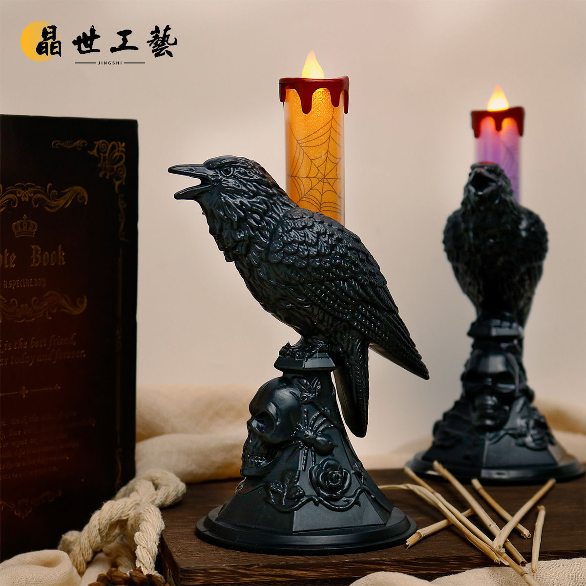 Cross-border Halloween electronic candle Gothic European style decoration Crow Ghost festival led pumpkin decorative lamp candle holder