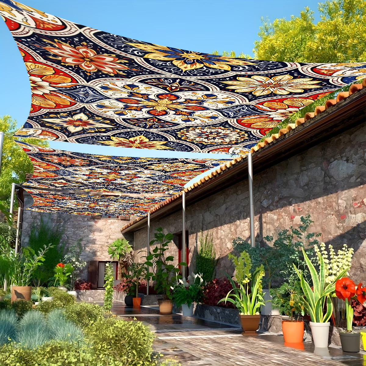 Cross-border outdoor sunshade fabric for courtyard terrace ceiling, waterproof and sun-proof canopy hanging cloth, printed decorative fabric for ambiance decoration