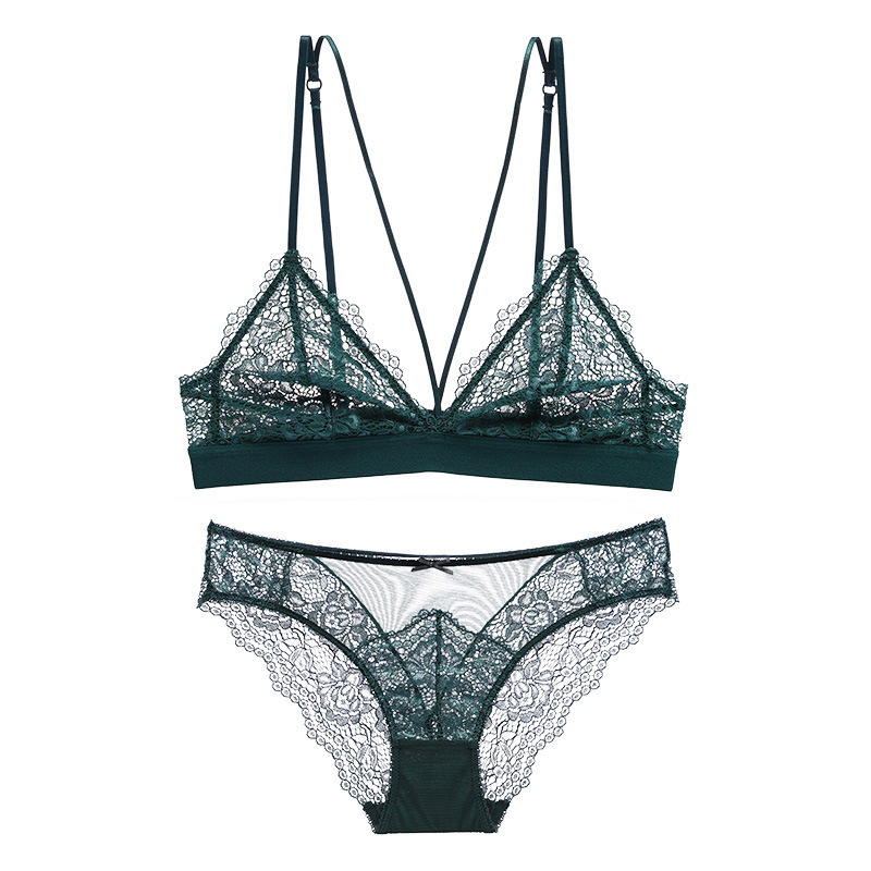 Estilo francés ropa interior inalámbrica de las mujeres pequeño pecho de encaje de verano sexy grande sin respaldo sujetador traje transpirable ultra-delgado triángulo taza