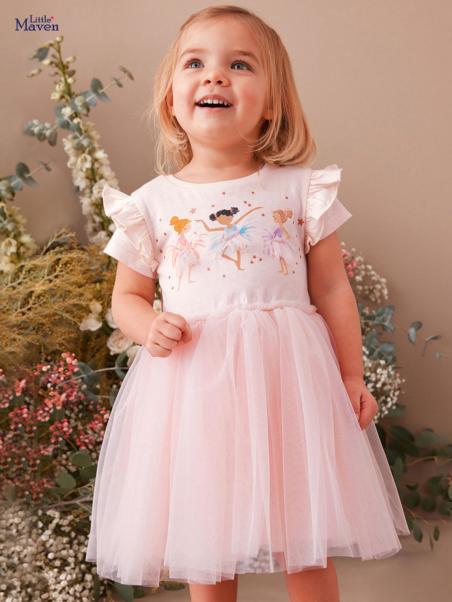 Little Maven estilo europeo y americano malla princesa vestido verano dibujos animados niña vestido manga corta algodón niños vestido