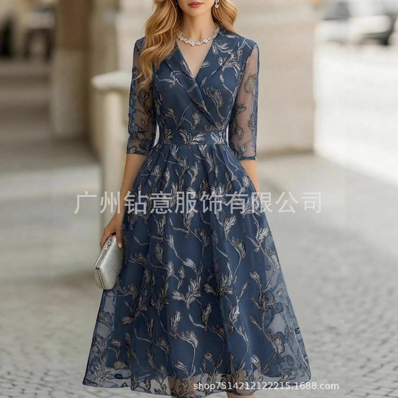 New Cross-Border Foreign Trade European and American Women's Fashion Elegant and Stylish Waist-Cinching Floral Wedding Guest Floral Long Dress New Cross-Border Foreign Trade European and American Women's Fashion Elegant and Stylish Waist-Cinching Floral Wedding Guest Floral Long Dress