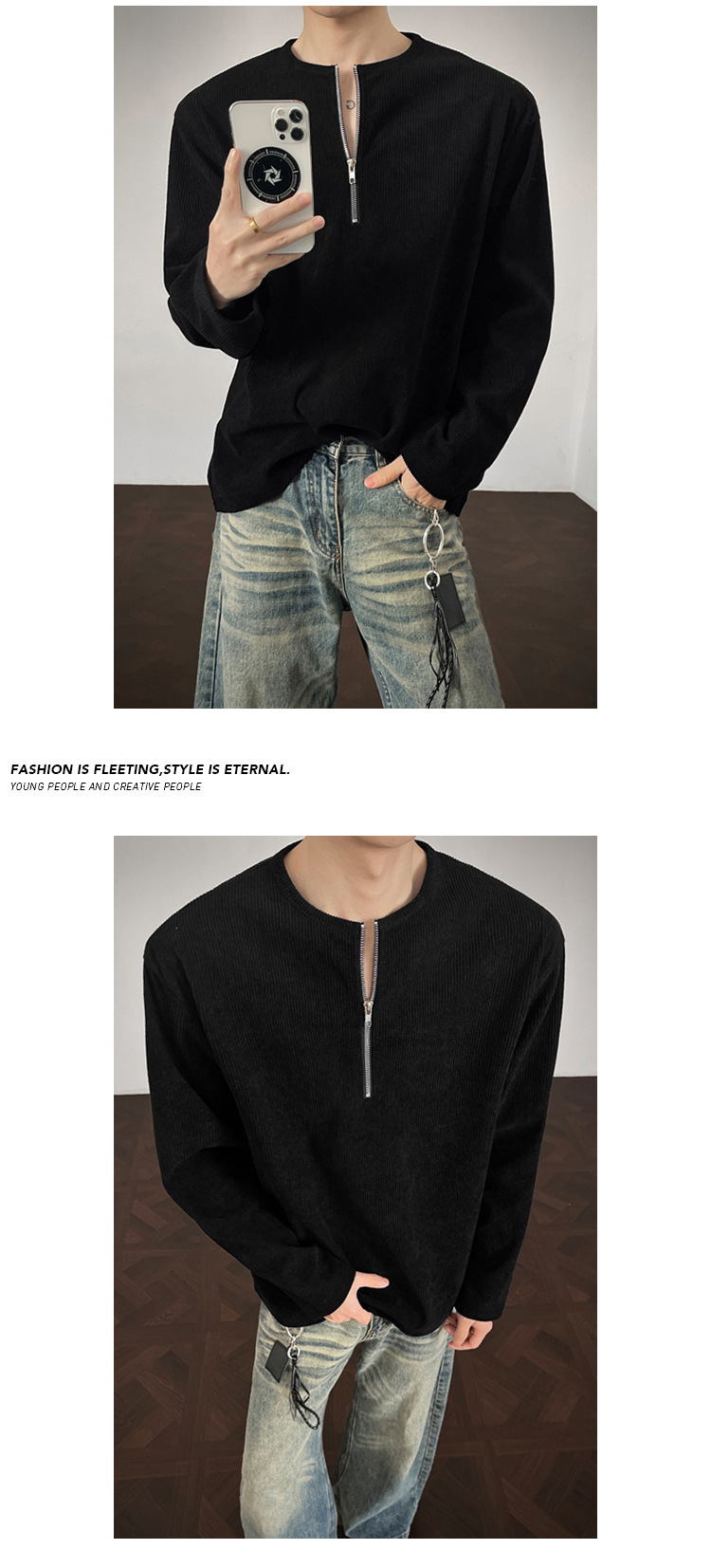 American Style Corduroy Half Zip Henley Long Sleeve T-shirt_voghion.com